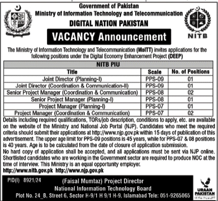 Director & Management Jobs in Ministry of Information Technology & Telecommunication Islamabad